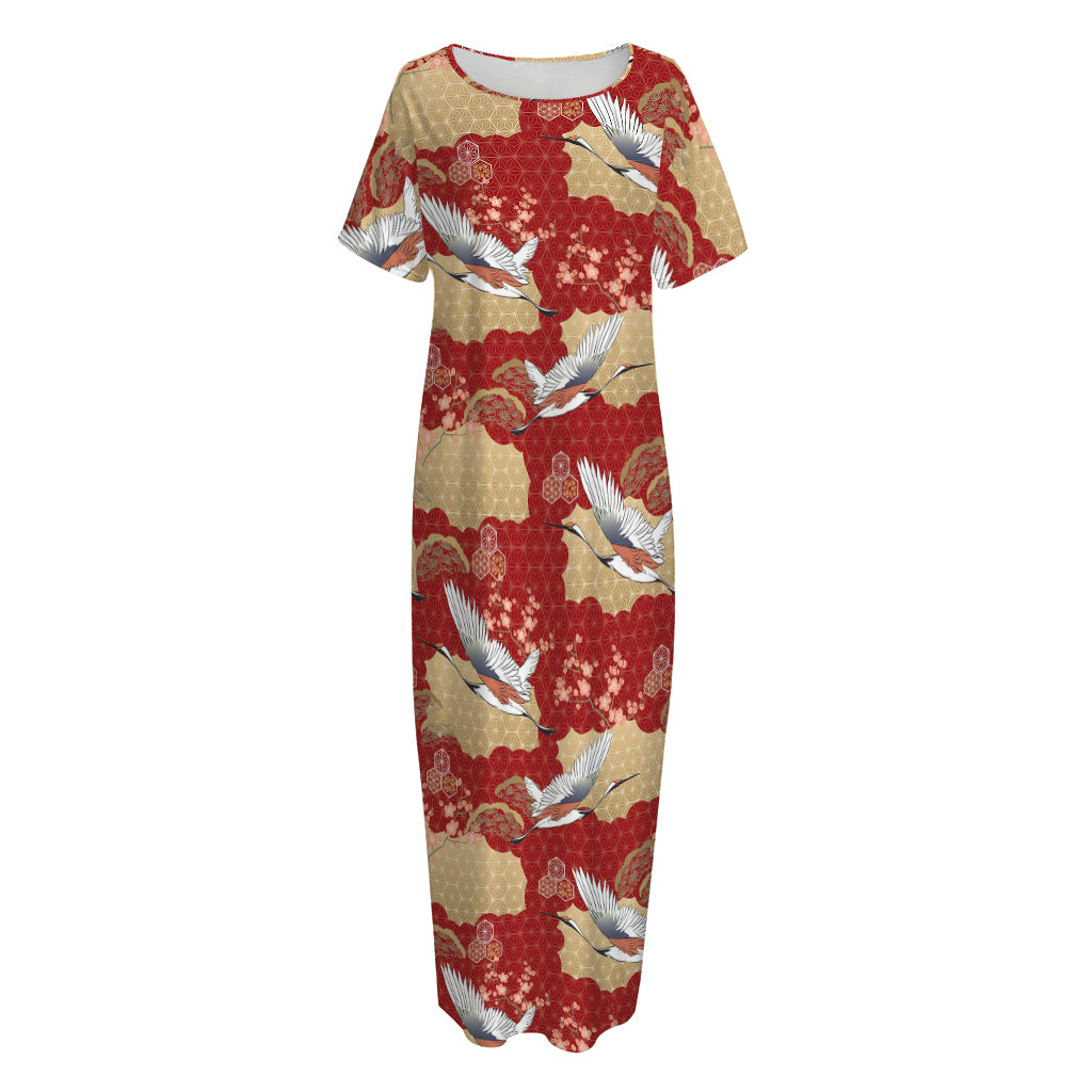 Crane Bird Kimono Pattern Print Short Sleeve Long Nightdress