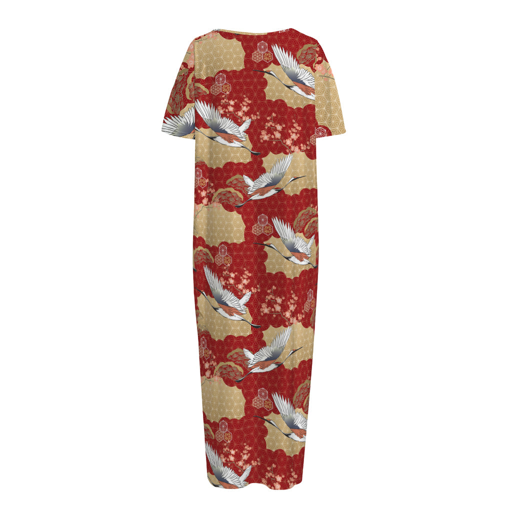 Crane Bird Kimono Pattern Print Short Sleeve Long Nightdress