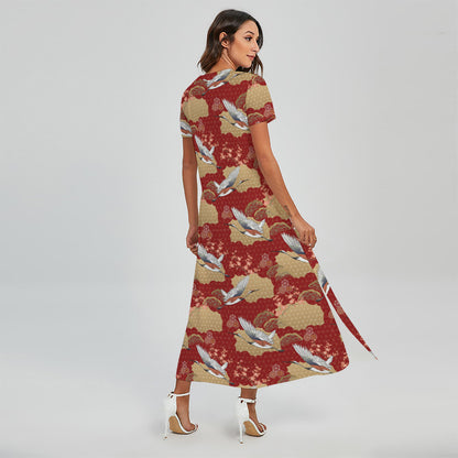 Crane Bird Kimono Pattern Print Short Sleeve Maxi Dress