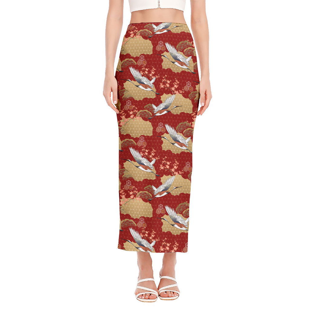 Crane Bird Kimono Pattern Print Side Slit Maxi Skirt
