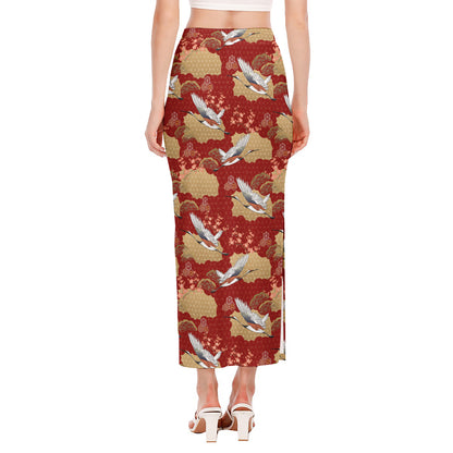 Crane Bird Kimono Pattern Print Side Slit Maxi Skirt