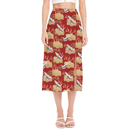 Crane Bird Kimono Pattern Print Side Slit Midi Skirt