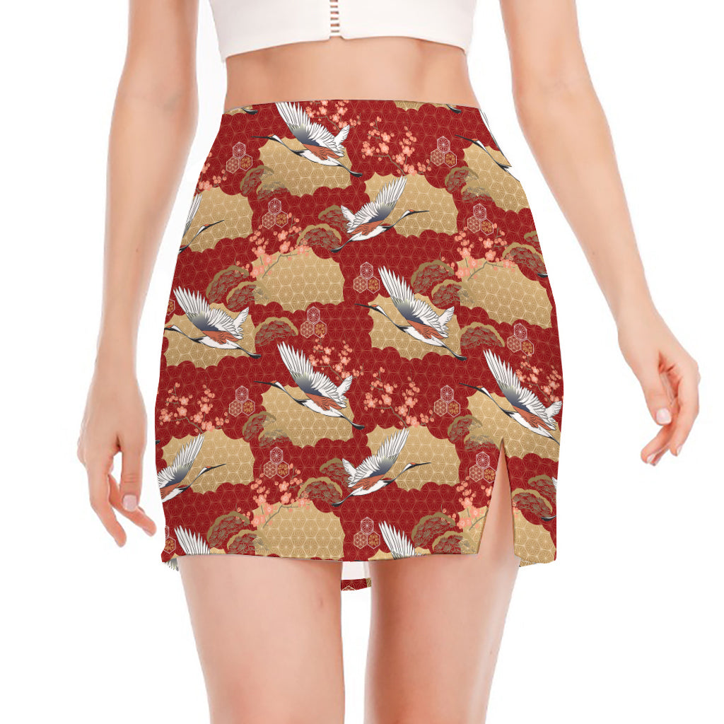 Crane Bird Kimono Pattern Print Side Slit Mini Skirt