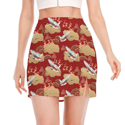 Crane Bird Kimono Pattern Print Side Slit Mini Skirt