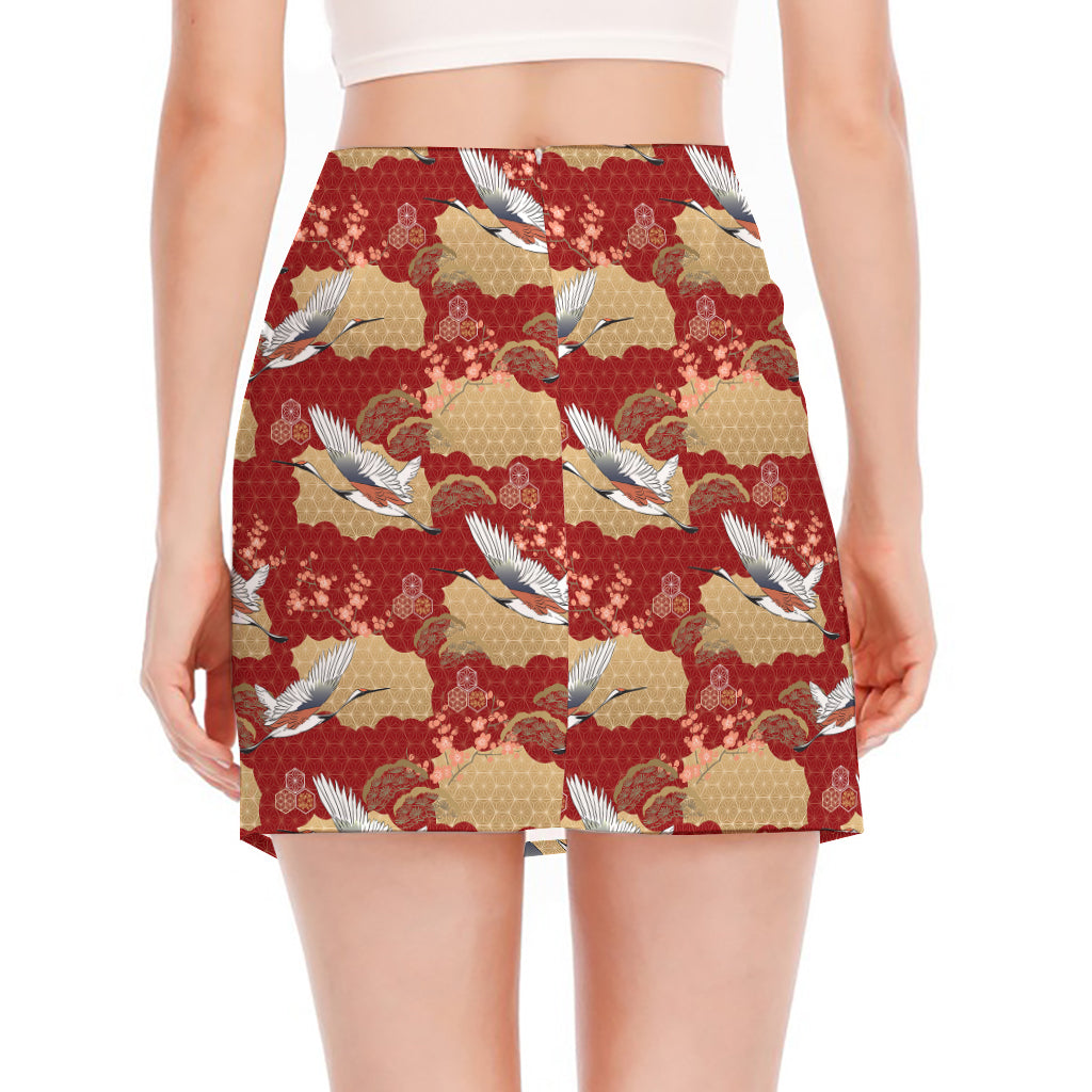 Crane Bird Kimono Pattern Print Side Slit Mini Skirt