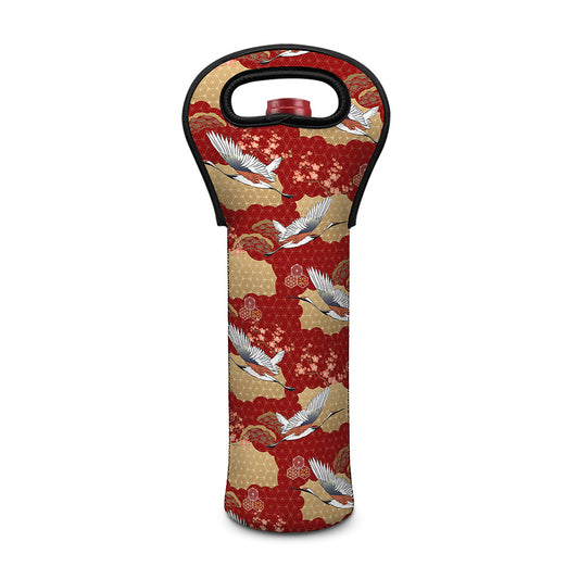 Crane Bird Kimono Pattern Print Single Neoprene Wine Tote