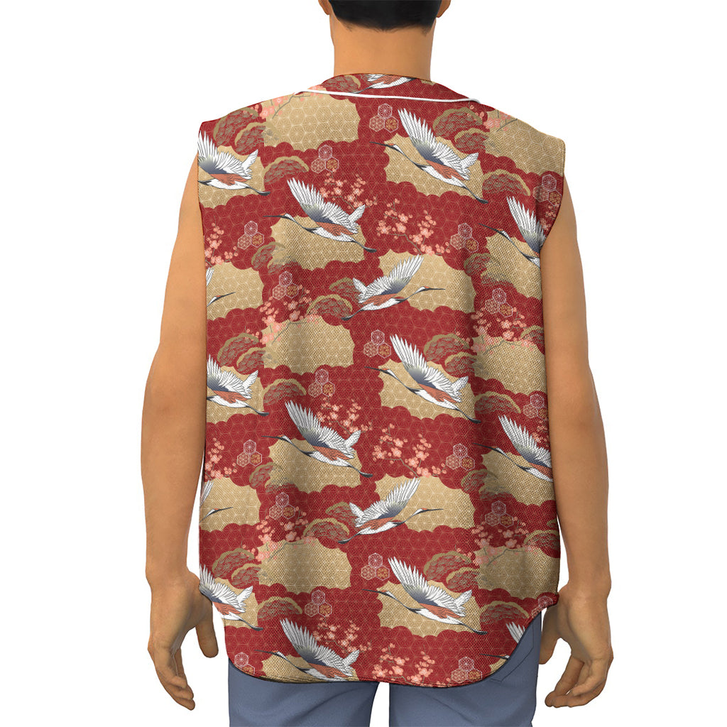 Crane Bird Kimono Pattern Print Sleeveless Baseball Jersey