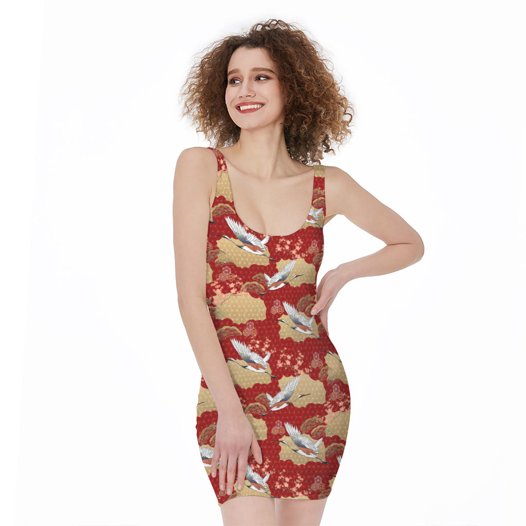 Crane Bird Kimono Pattern Print Sleeveless Bodycon Dress