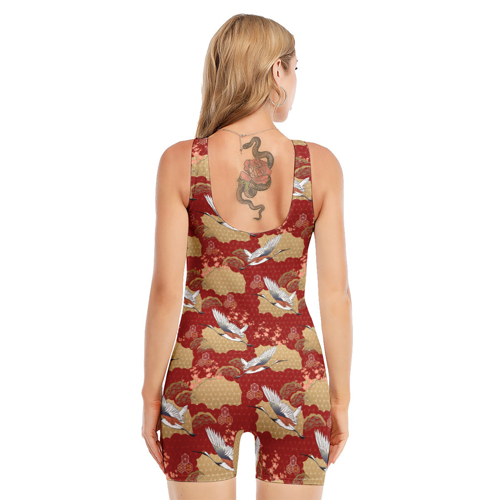 Crane Bird Kimono Pattern Print Sleeveless One Piece Swimsuit