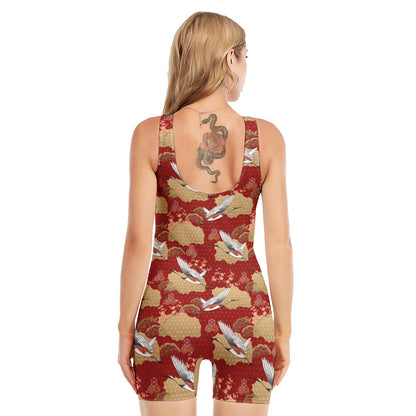 Crane Bird Kimono Pattern Print Sleeveless One Piece Swimsuit