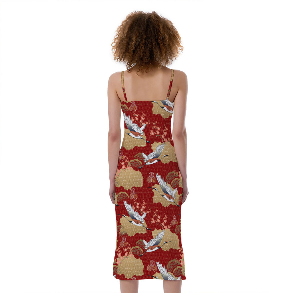 Crane Bird Kimono Pattern Print Slim Fit Midi Cami Dress