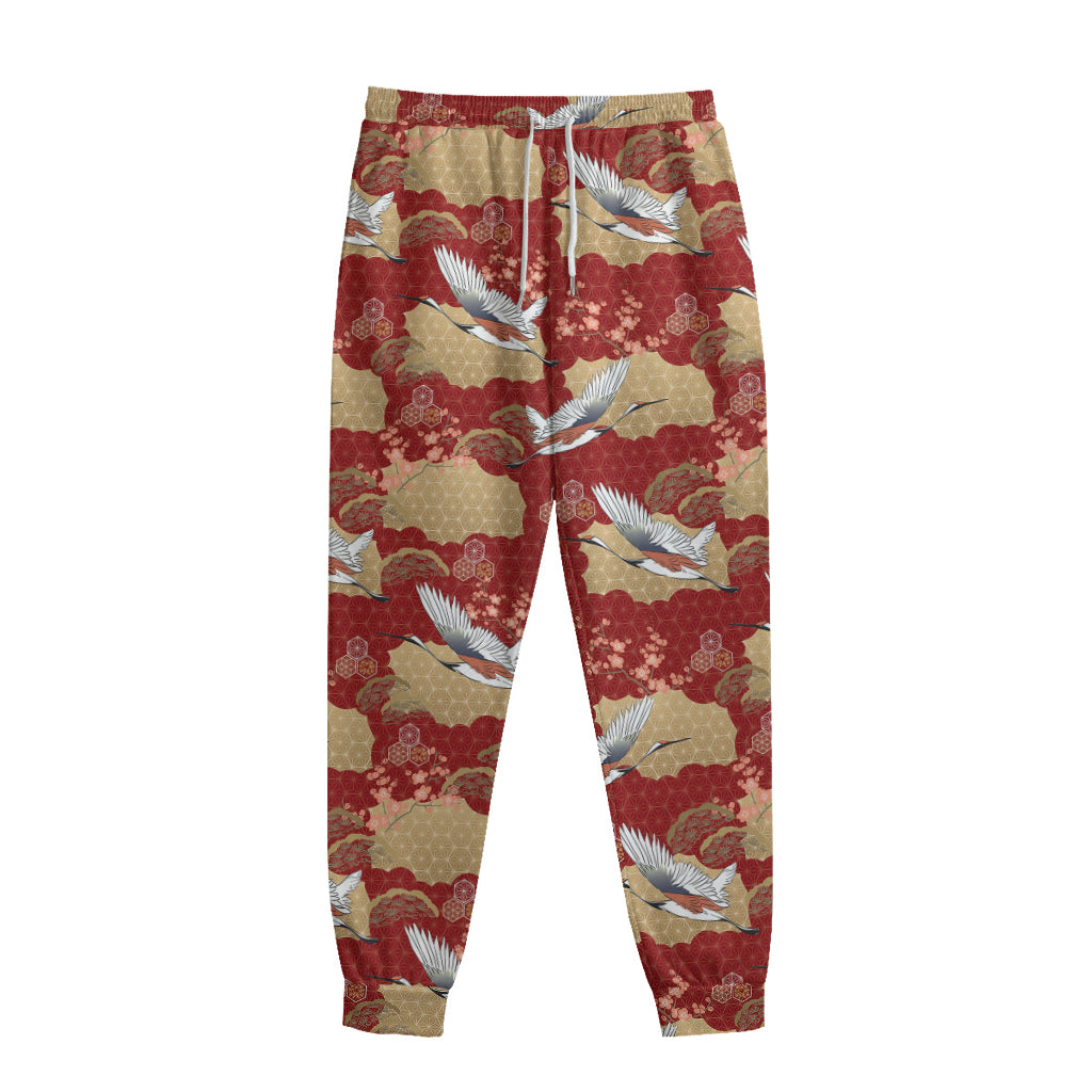 Crane Bird Kimono Pattern Print Sweatpants