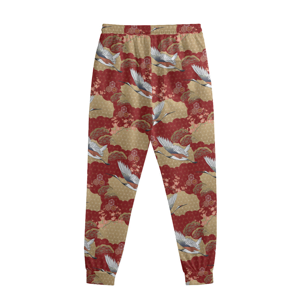 Crane Bird Kimono Pattern Print Sweatpants