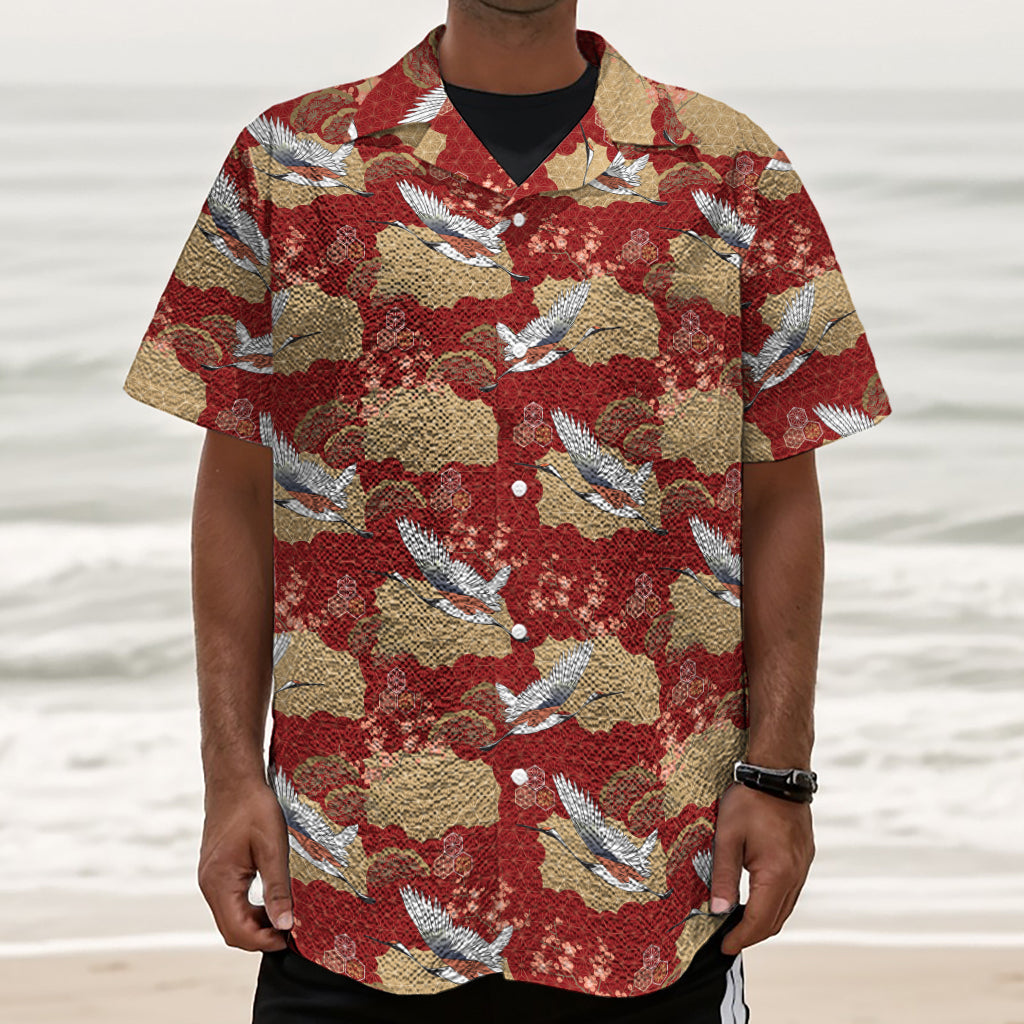 Crane Bird Kimono Pattern Print Textured Short Sleeve Shirt