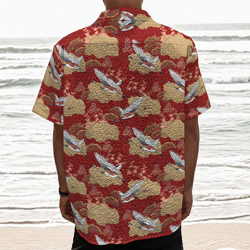 Crane Bird Kimono Pattern Print Textured Short Sleeve Shirt