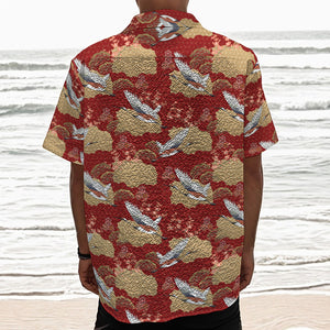 Crane Bird Kimono Pattern Print Textured Short Sleeve Shirt