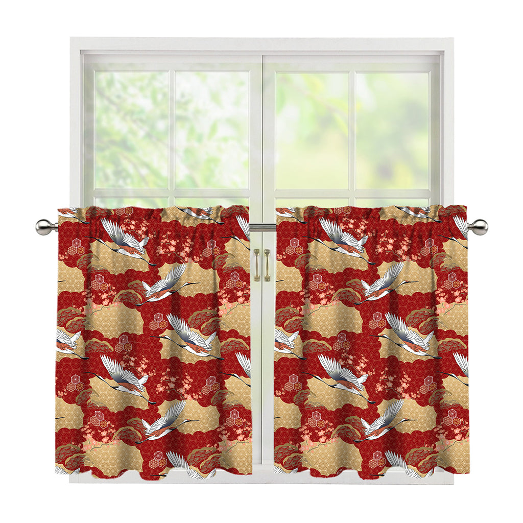 Crane Bird Kimono Pattern Print Tier Curtains