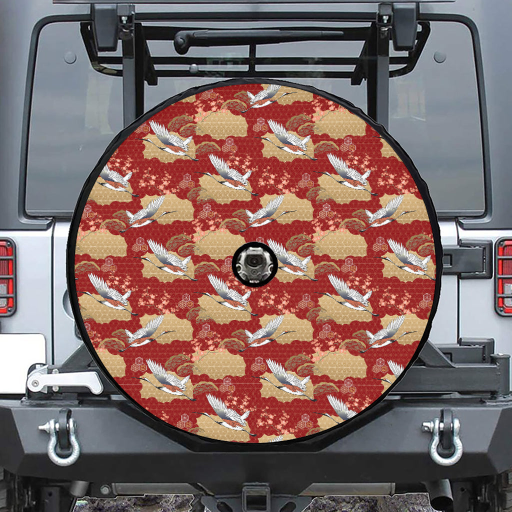 Crane Bird Kimono Pattern Print Tire Cover With Camera Hole