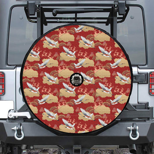 Crane Bird Kimono Pattern Print Tire Cover With Camera Hole