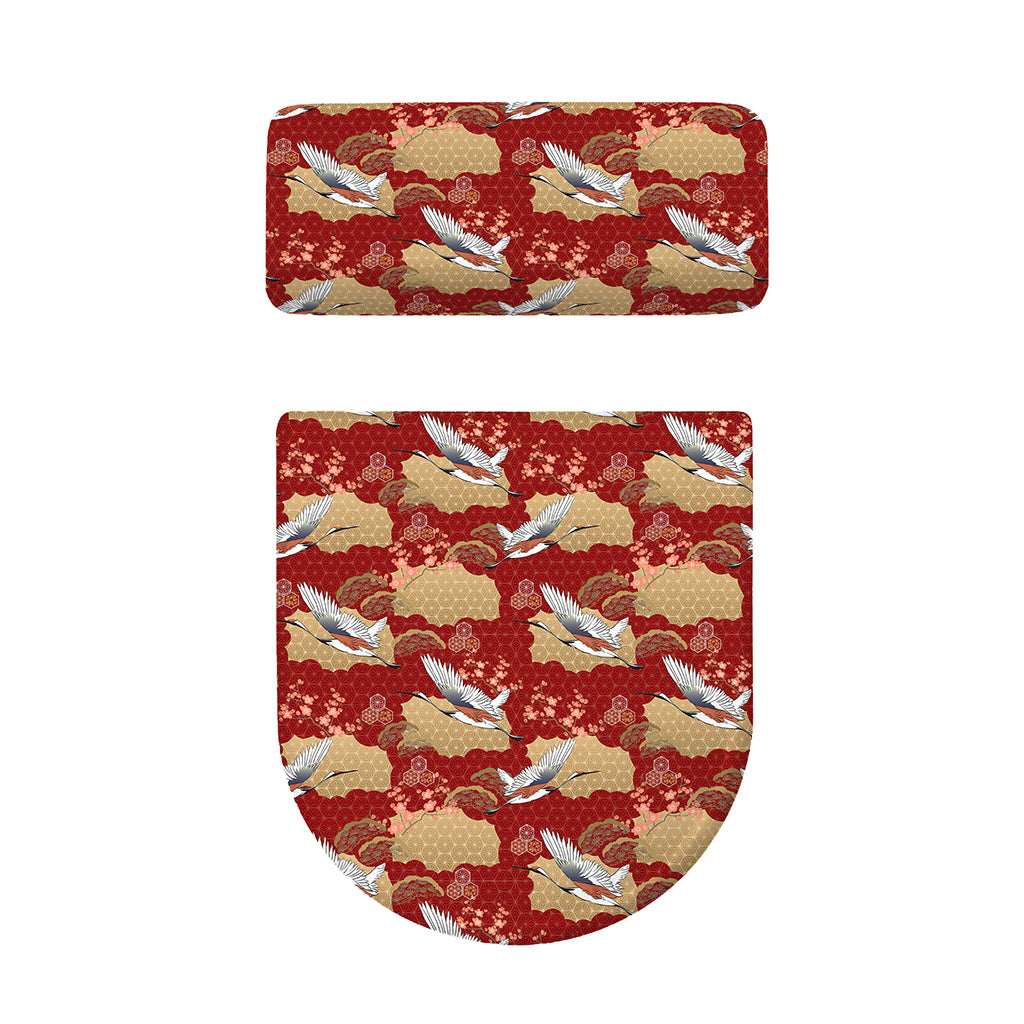 Crane Bird Kimono Pattern Print Toilet Lid And Tank Cover Set