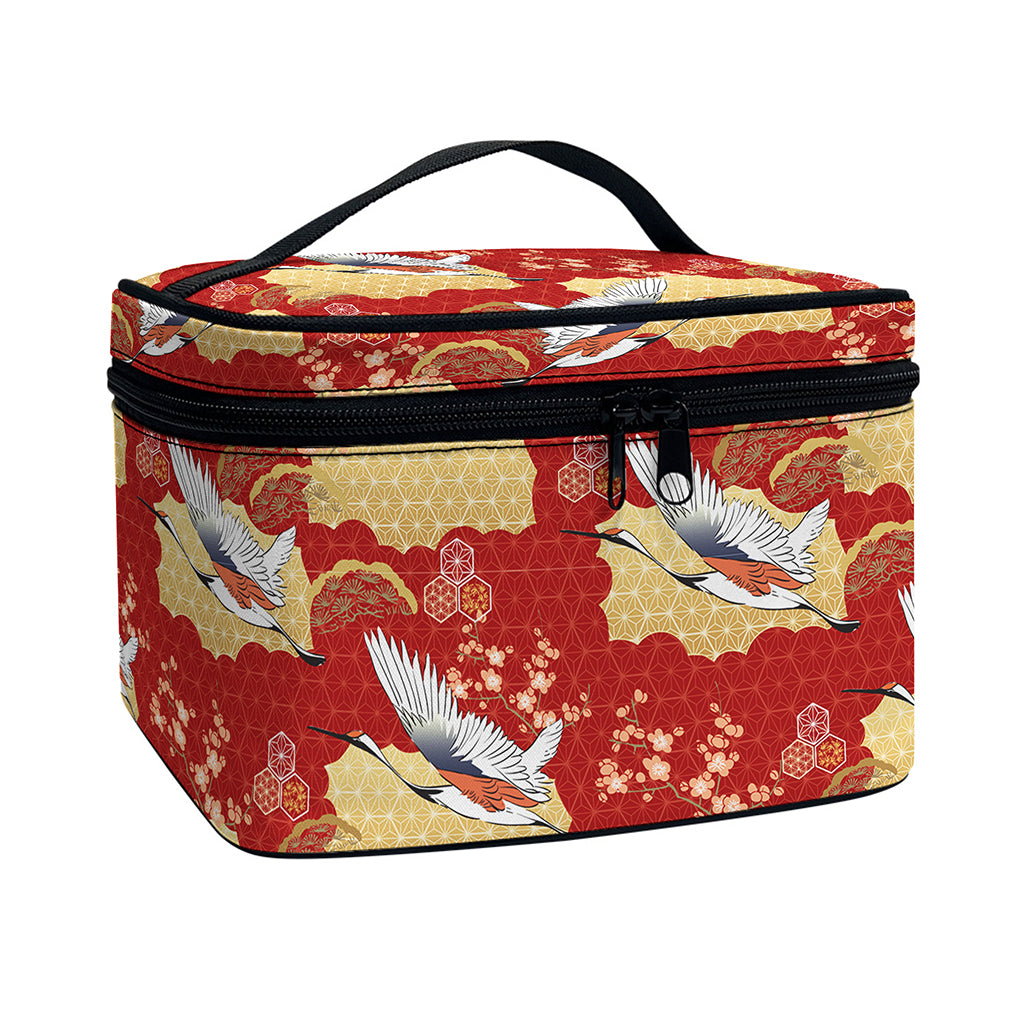 Crane Bird Kimono Pattern Print Travel Makeup Bag