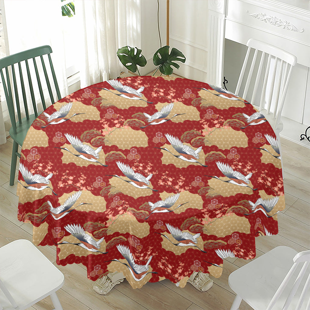 Crane Bird Kimono Pattern Print Waterproof Round Tablecloth