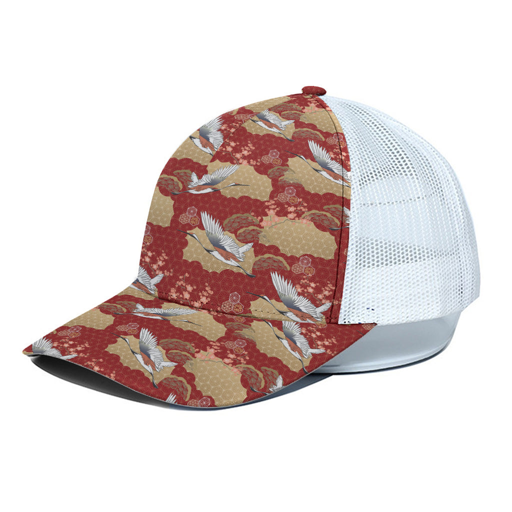 Crane Bird Kimono Pattern Print White Mesh Trucker Cap