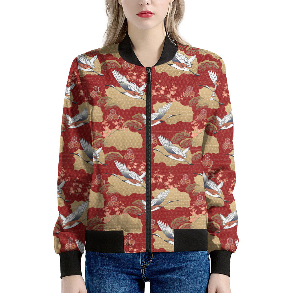 Crane Bird Kimono Pattern Print Women's Bomber Jacket