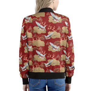 Crane Bird Kimono Pattern Print Women's Bomber Jacket