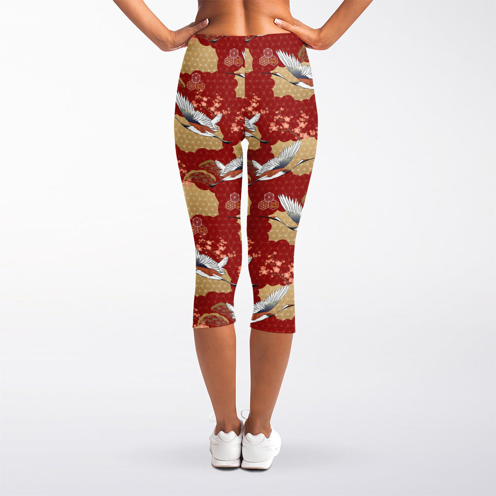 Crane Bird Kimono Pattern Print Women's Capri Leggings