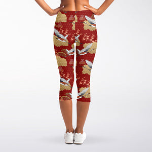 Crane Bird Kimono Pattern Print Women's Capri Leggings