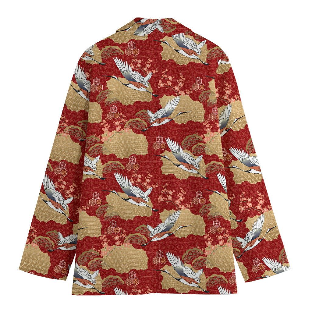 Crane Bird Kimono Pattern Print Women's Cotton Blazer