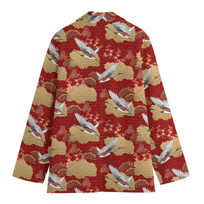 Crane Bird Kimono Pattern Print Women's Cotton Blazer