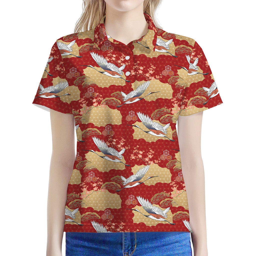 Crane Bird Kimono Pattern Print Women's Polo Shirt