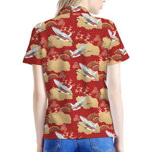 Crane Bird Kimono Pattern Print Women's Polo Shirt