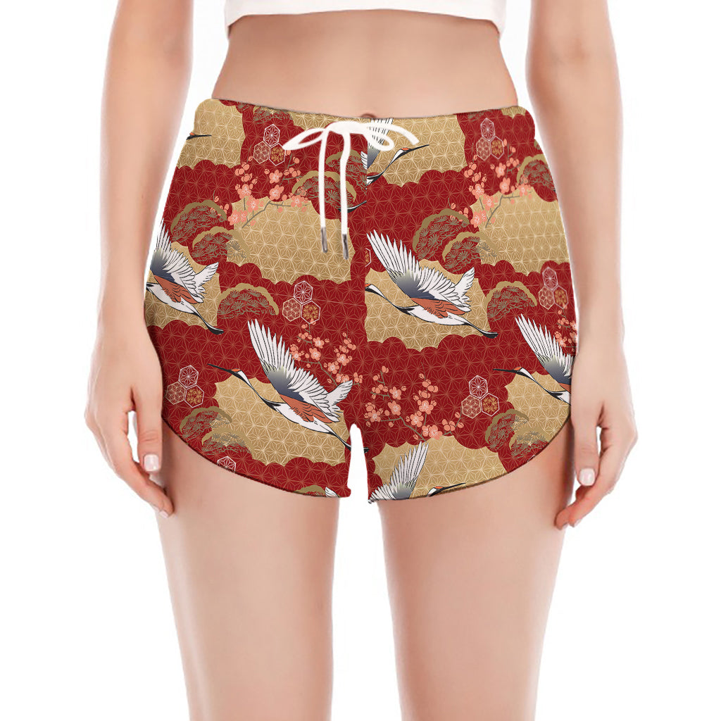 Crane Bird Kimono Pattern Print Women's Split Running Shorts