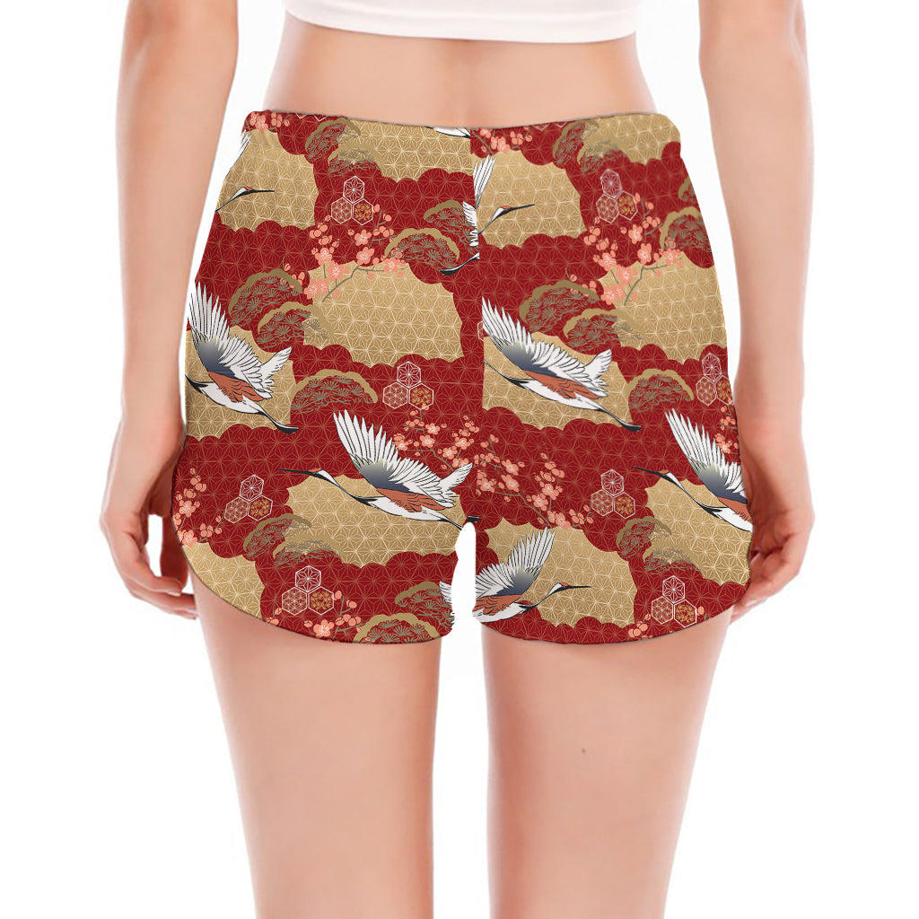 Crane Bird Kimono Pattern Print Women's Split Running Shorts