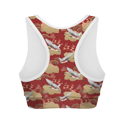 Crane Bird Kimono Pattern Print Women's Sports Bra