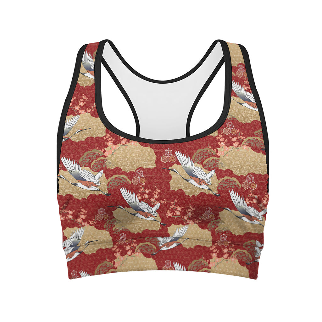 Crane Bird Kimono Pattern Print Women's Sports Bra