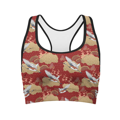 Crane Bird Kimono Pattern Print Women's Sports Bra
