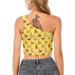 Crazy Emoji Pattern Print One Shoulder Crop Top