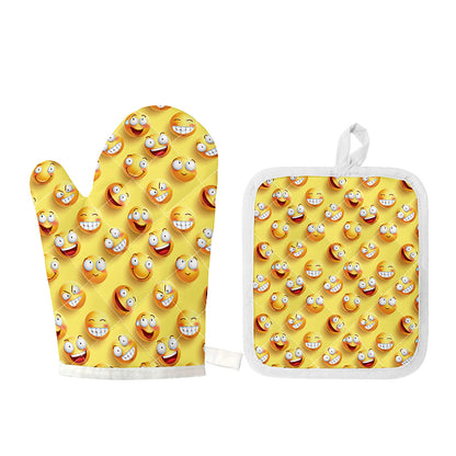 Crazy Emoji Pattern Print Oven Mitt And Pot Holder Set