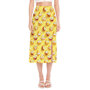 Crazy Emoji Pattern Print Side Slit Midi Skirt