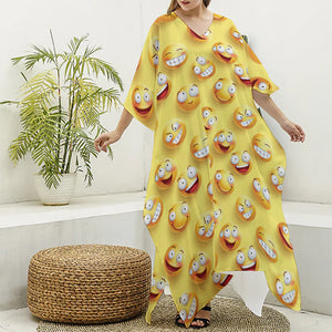 Crazy Emoji Pattern Print Silk V-Neck Kaftan Dress