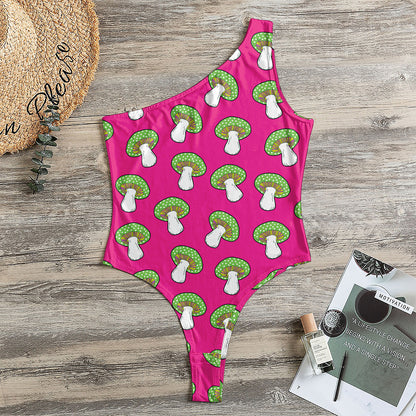 Crazy Mushroom Pattern Print One Shoulder Bodysuit