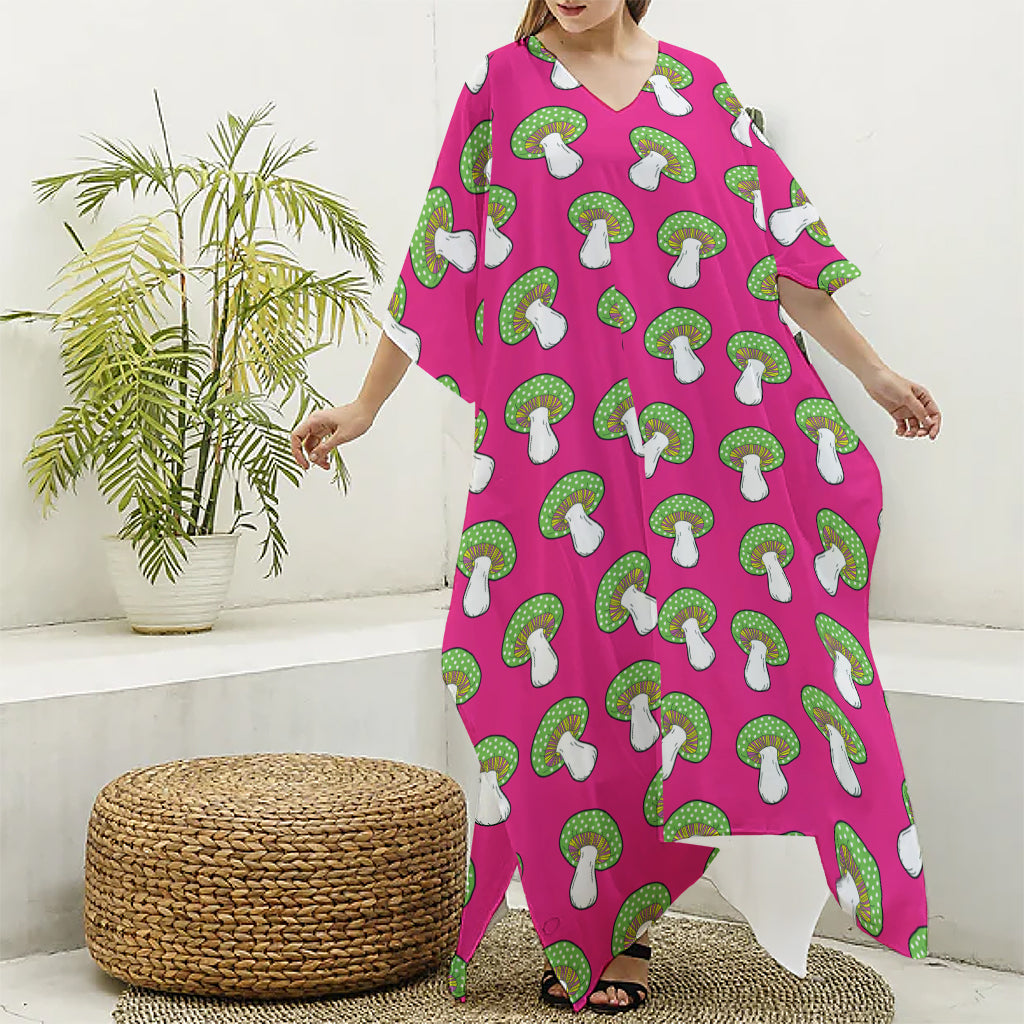 Crazy Mushroom Pattern Print Silk V-Neck Kaftan Dress
