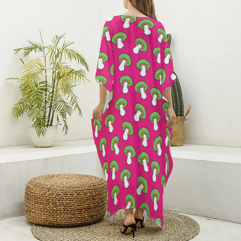 Crazy Mushroom Pattern Print Silk V-Neck Kaftan Dress