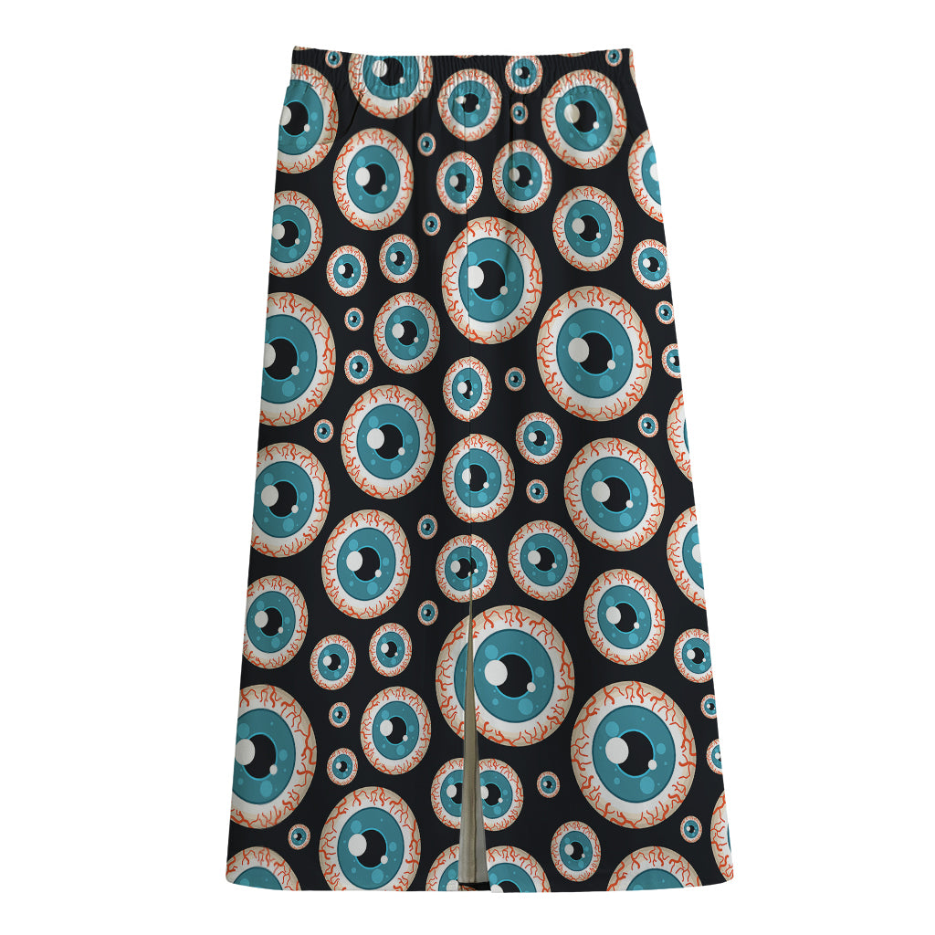 Creepy Eyeball Pattern Print Cotton Front Slit Maxi Skirt