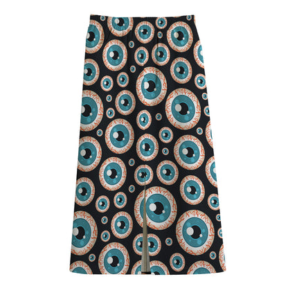 Creepy Eyeball Pattern Print Cotton Front Slit Maxi Skirt