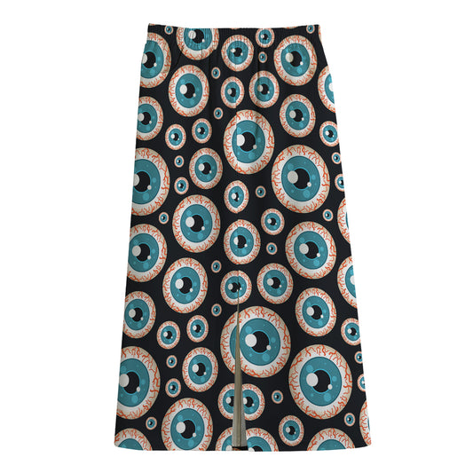 Creepy Eyeball Pattern Print Cotton Front Slit Maxi Skirt